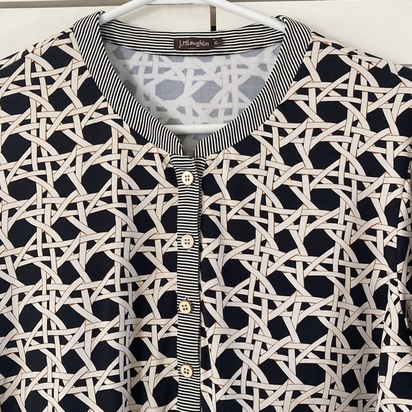 J. McLaughlin XL Tunic Black, Cream, and Tan with Button Front and 3/4 Sleeves - Picture 2 of 8
